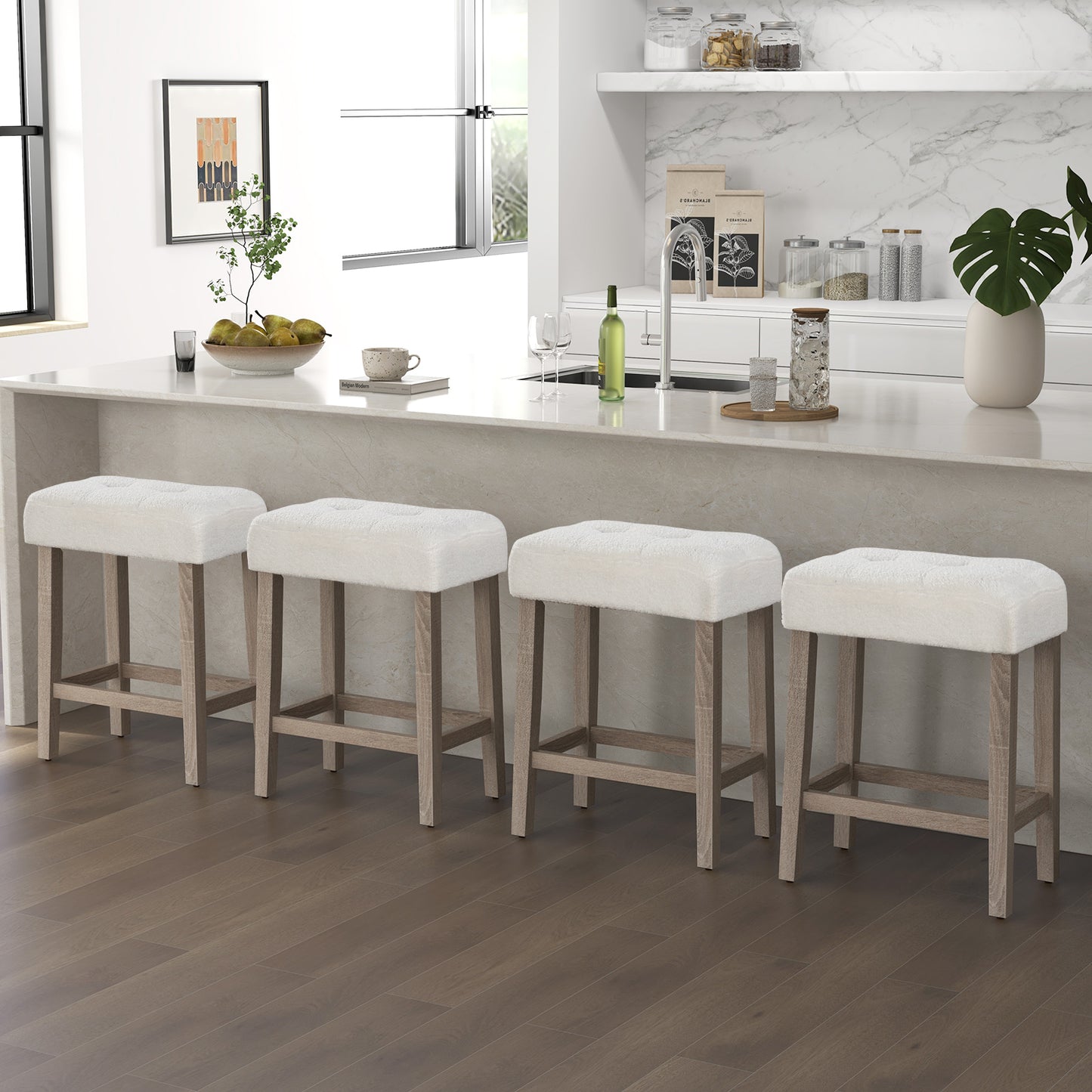 Modern Counter Height Bar Stools Set of 2 with Rubber Wood Legs-White and Gray, White Bar Stools at Gallery Canada