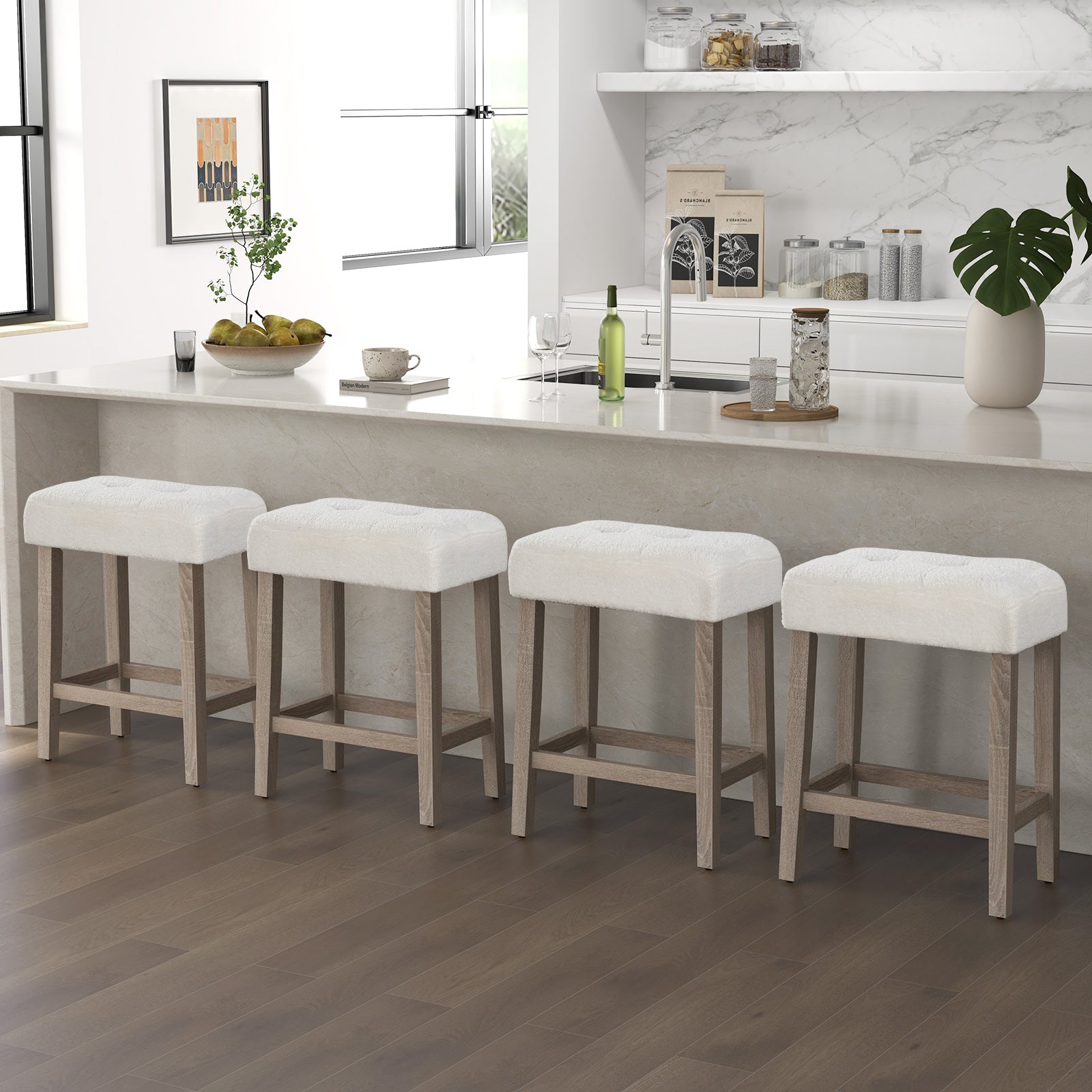 Modern Counter Height Bar Stools Set of 2 with Rubber Wood Legs-White and Gray, White Bar Stools at Gallery Canada