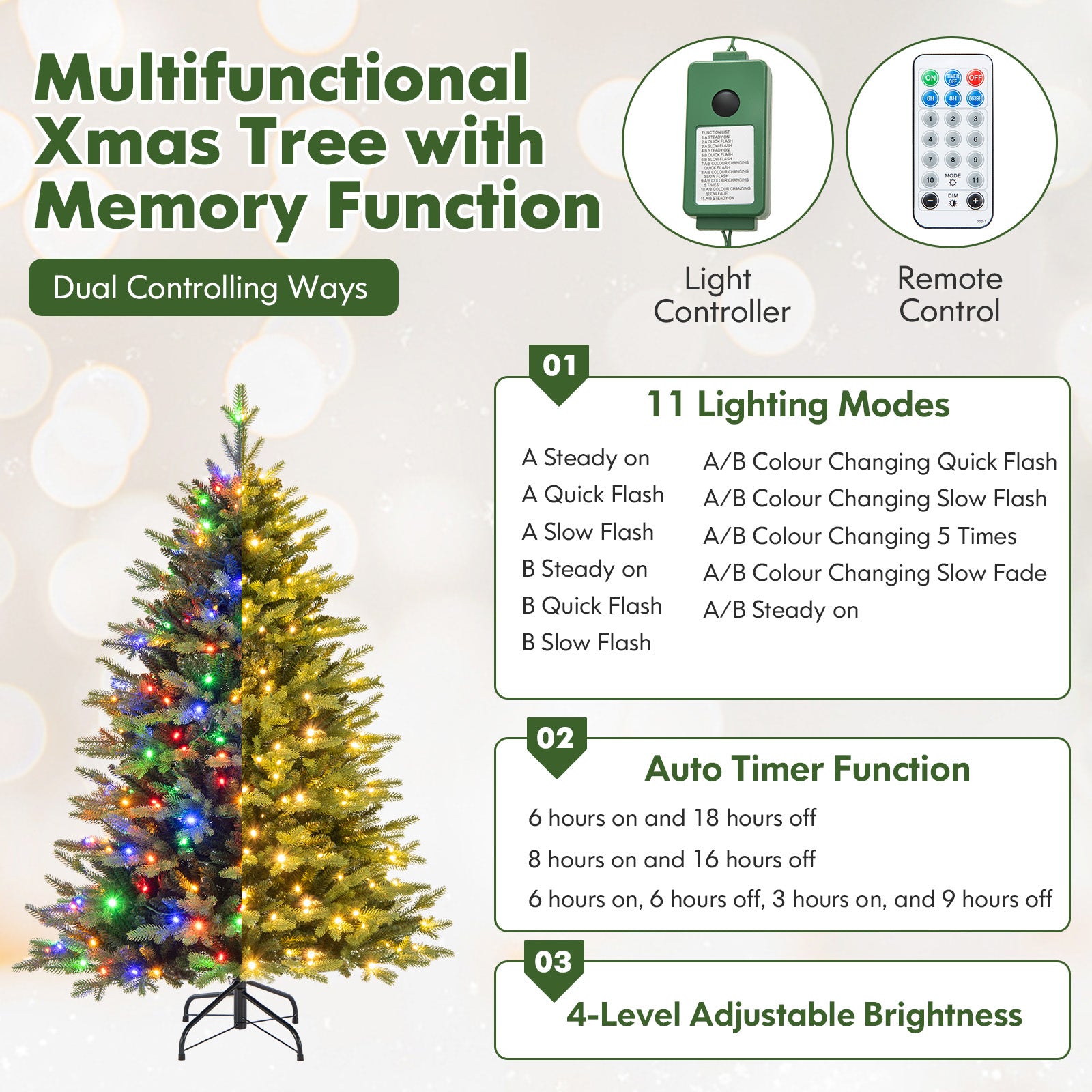 5 ft Artificial Christmas Tree, Hinged, 11 Lighting Modes, Remote Control, Green Christmas Tree at Gallery Canada