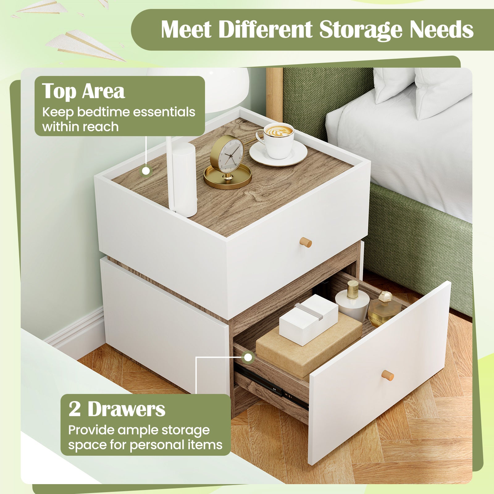 2-Drawer Modern Nightstand with Storage for Living Room Bedroom, Natural & White Nightstands at Gallery Canada