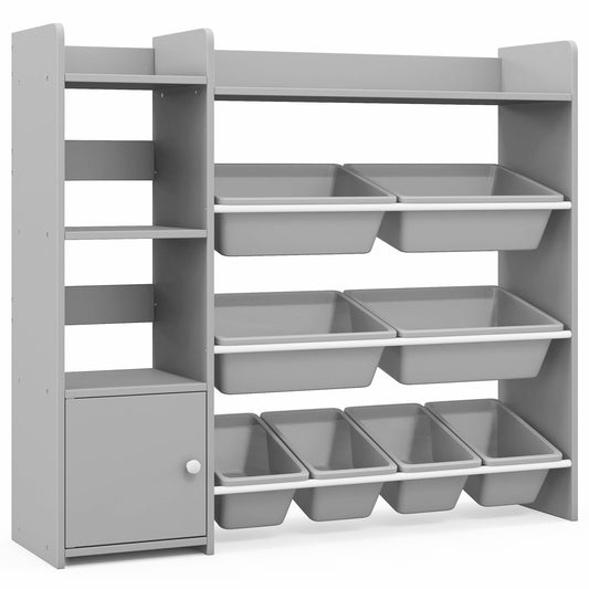 4-Tier Kids Bookshelf, Toy Storage Rack With 8 Organizer Bins, Gray