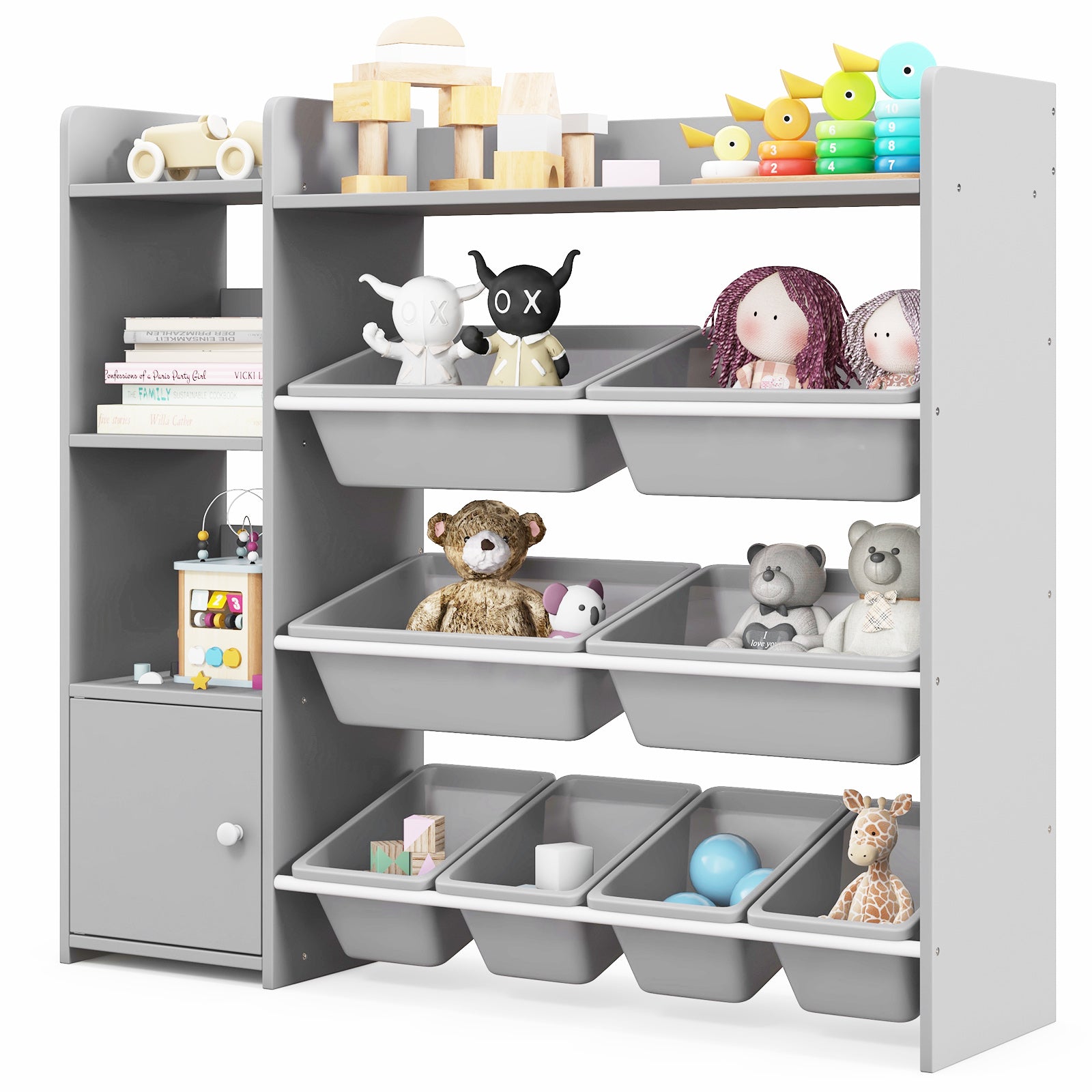 4-Tier Kids Bookshelf and Toy Storage Rack with 8 Toy Organizer Bins-Grey, Gray Kids Storage at Gallery Canada