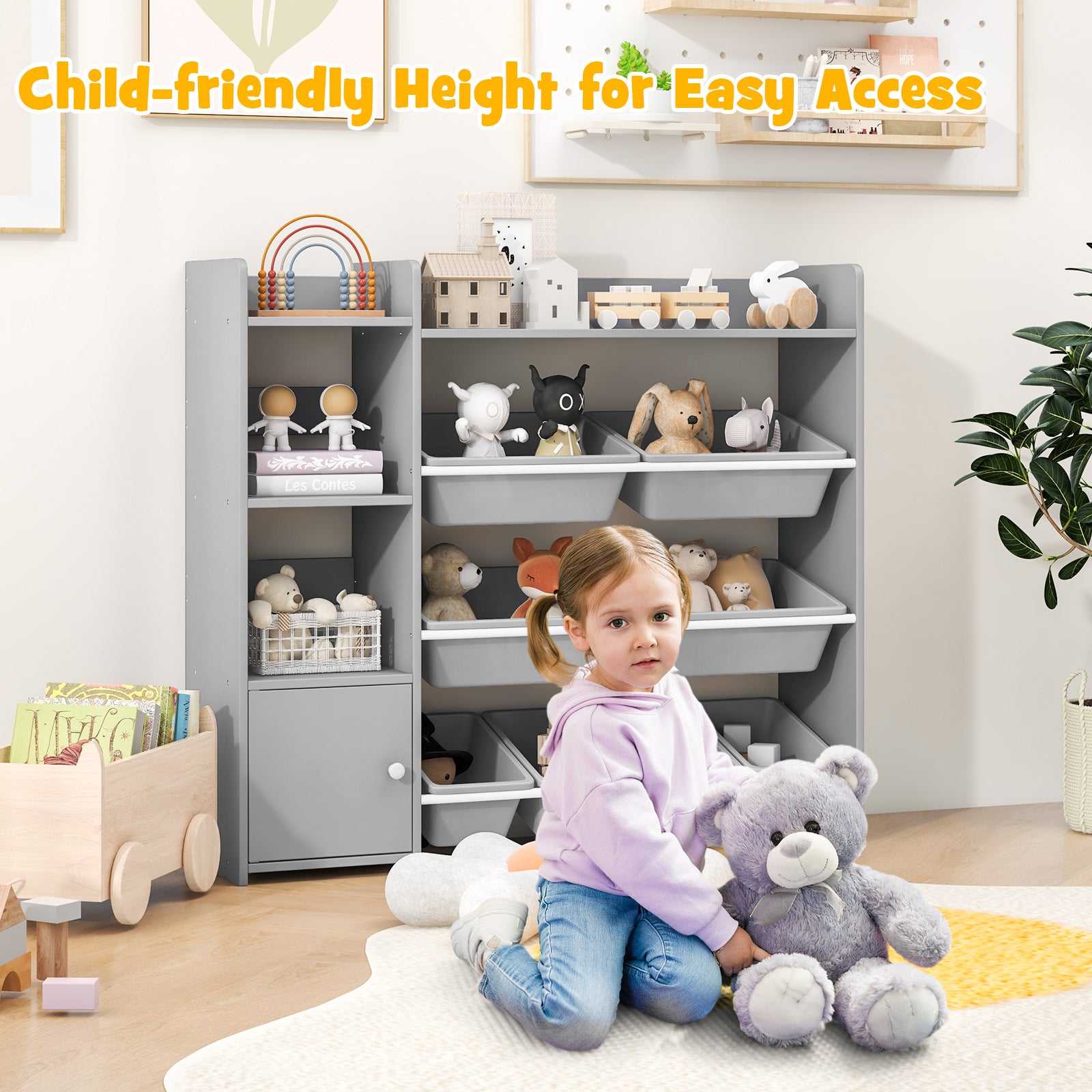 4-Tier Kids Bookshelf and Toy Storage Rack with 8 Toy Organizer Bins-Grey, Gray Kids Storage at Gallery Canada