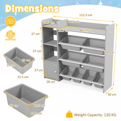 4-Tier Kids Bookshelf and Toy Storage Rack with 8 Toy Organizer Bins-Grey, Gray Kids Storage at Gallery Canada