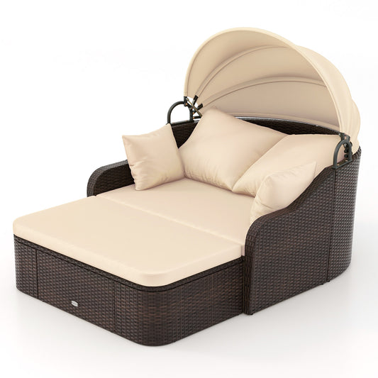 Patio PE Rattan Daybed with Retractable Canopy and Soft Cushions, Beige Outdoor Sectionals Beige at Gallery Canada