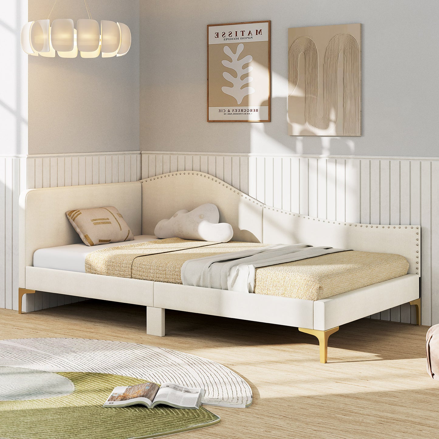 Full/Twin Size Upholstered Daybed with Metal Legs and Wood Slats-Twin Size, Beige Simple Bed Frame at Gallery Canada