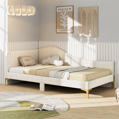 Full/Twin Size Upholstered Daybed with Metal Legs and Wood Slats-Twin Size, Beige Simple Bed Frame at Gallery Canada