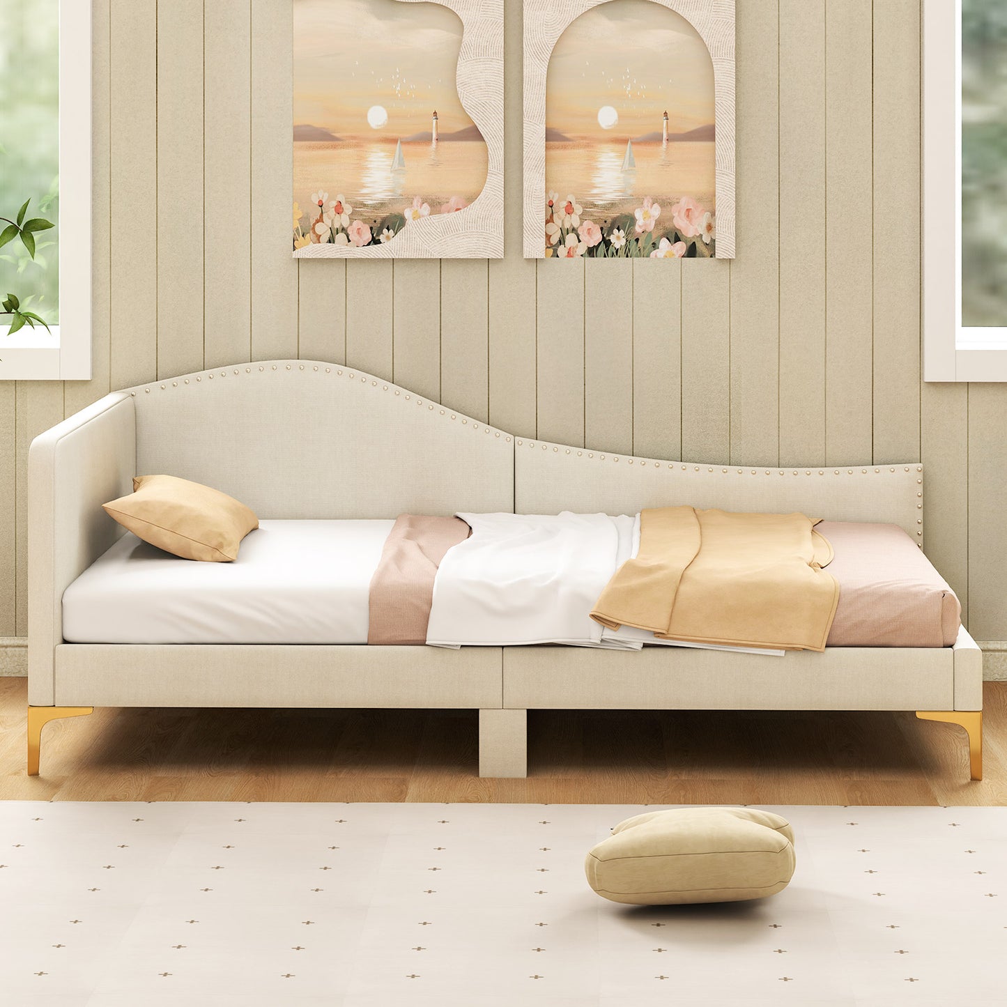 Full/Twin Size Upholstered Daybed with Metal Legs and Wood Slats-Twin Size, Beige Simple Bed Frame at Gallery Canada