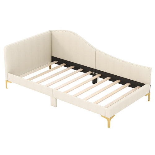 Full/Twin Size Upholstered Daybed with Metal Legs and Wood Slats-Twin Size, Beige