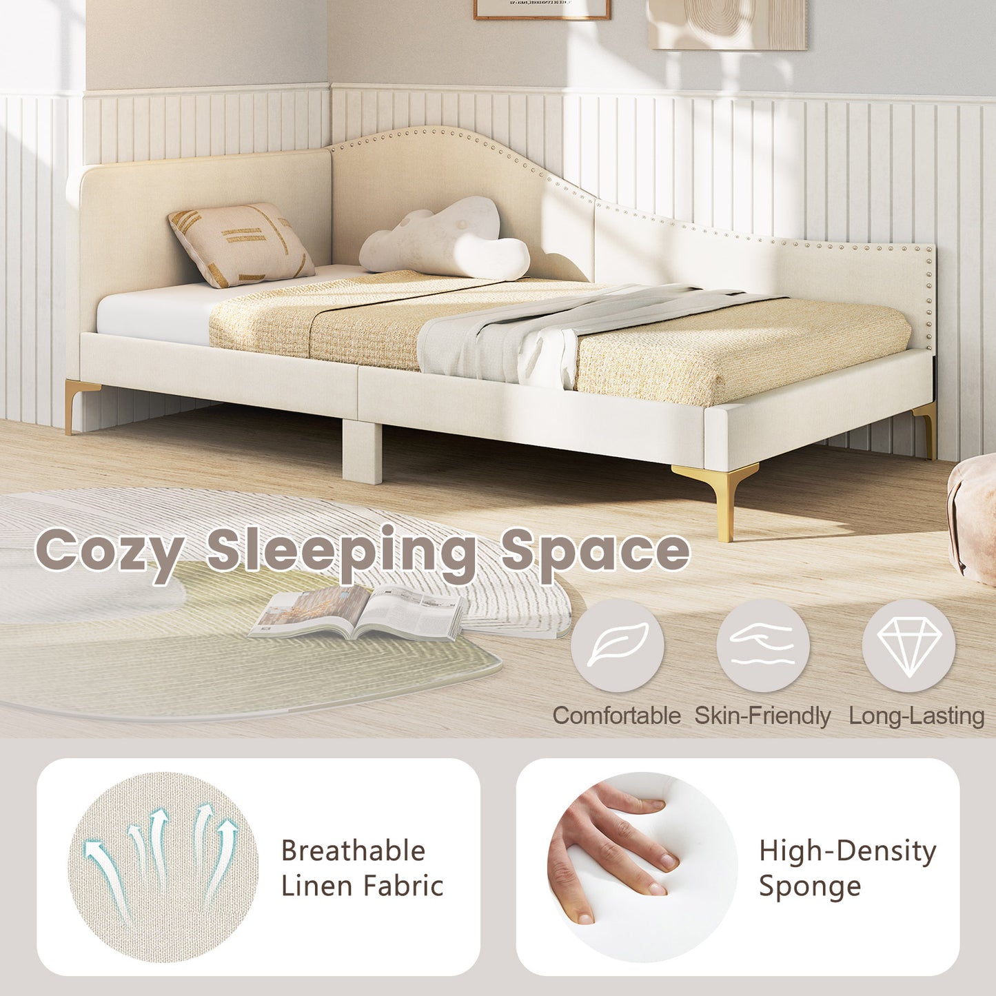 Full/Twin Size Upholstered Daybed with Metal Legs and Wood Slats-Twin Size, Beige Simple Bed Frame at Gallery Canada