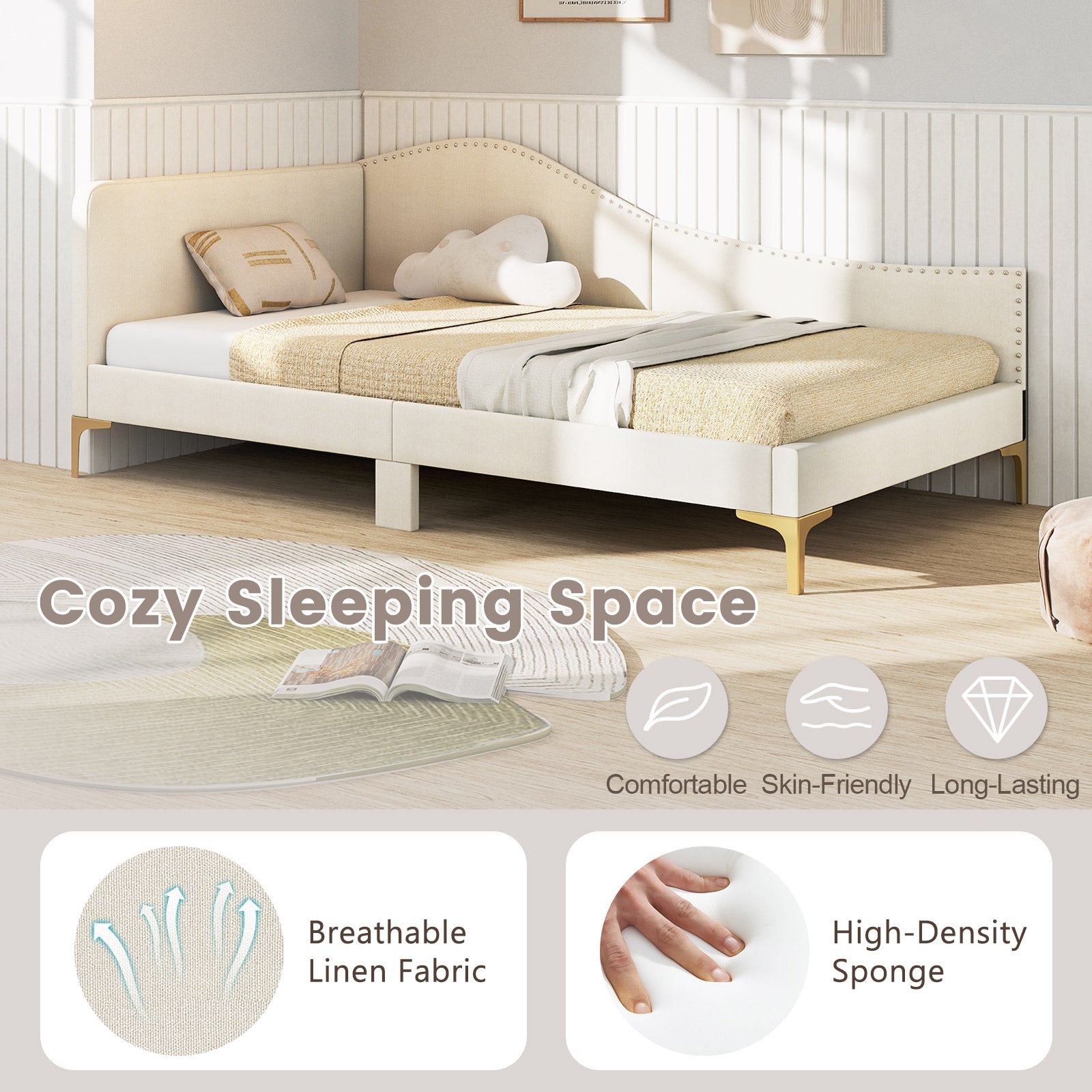 Full/Twin Size Upholstered Daybed with Metal Legs and Wood Slats-Twin Size, Beige Simple Bed Frame at Gallery Canada