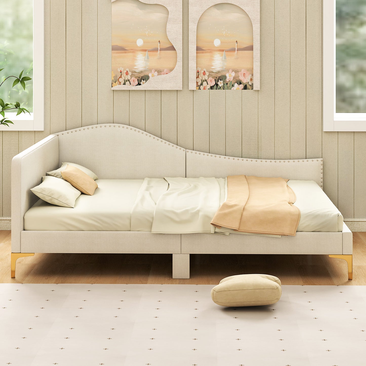 Full/Twin Size Upholstered Daybed with Metal Legs and Wood Slats-Full Size, Beige Simple Bed Frame at Gallery Canada