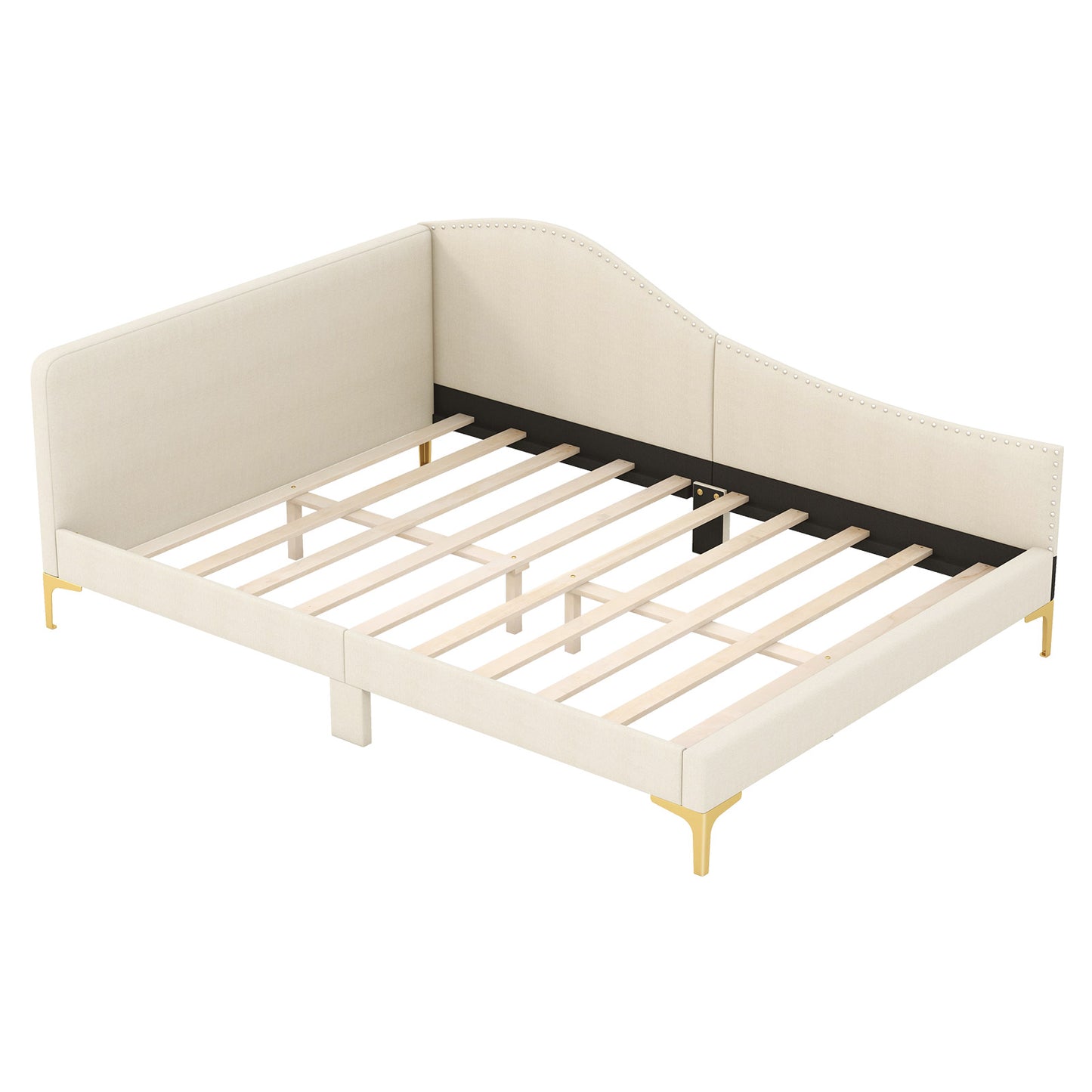 Full/Twin Size Upholstered Daybed with Metal Legs and Wood Slats-Full Size, Beige Simple Bed Frame Beige at Gallery Canada