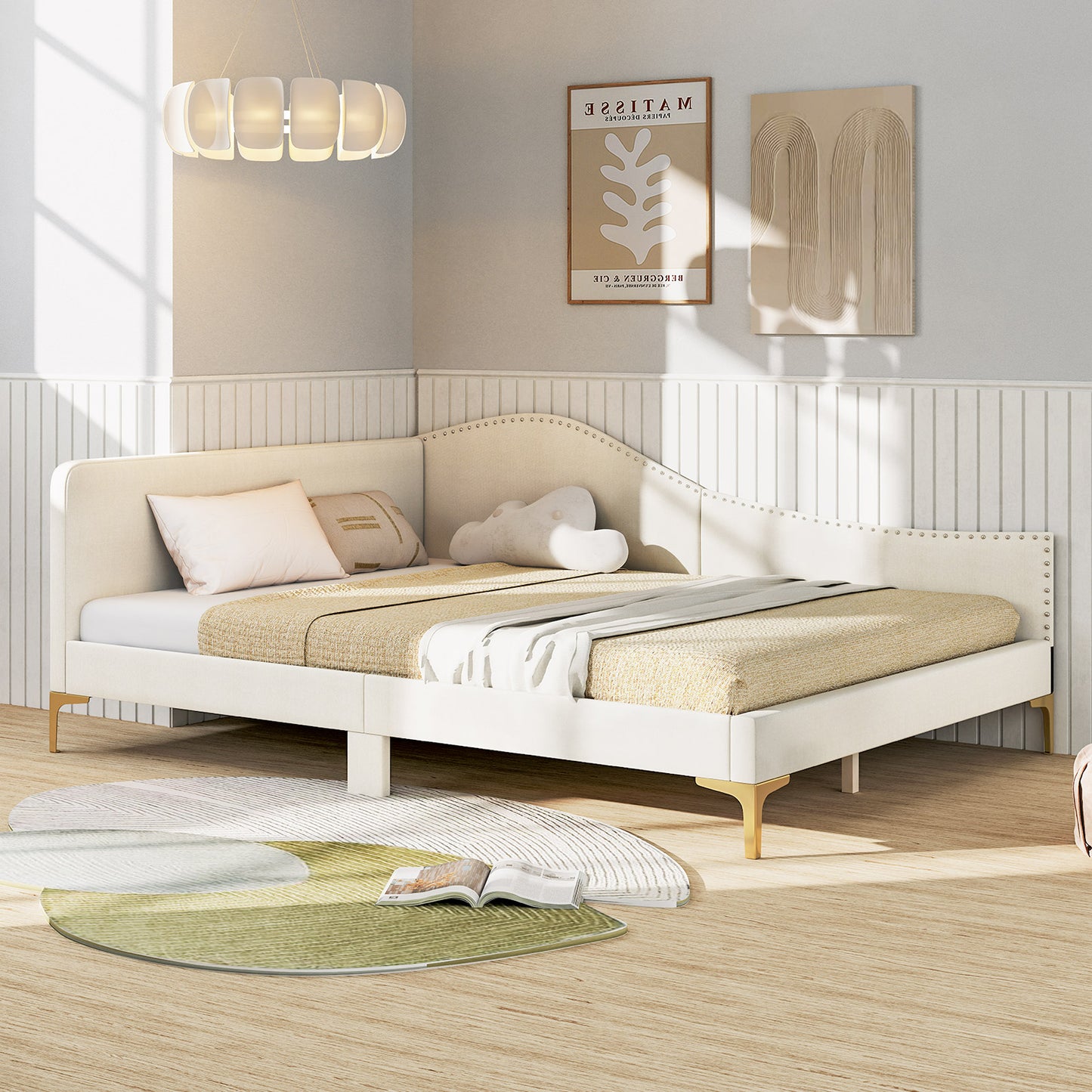 Full/Twin Size Upholstered Daybed with Metal Legs and Wood Slats-Full Size, Beige Simple Bed Frame at Gallery Canada