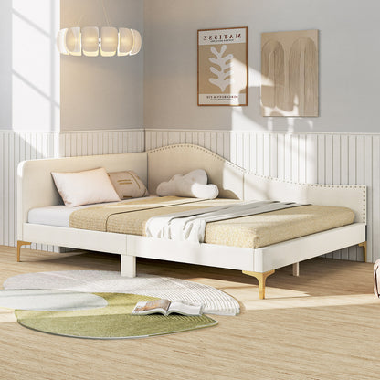 Full/Twin Size Upholstered Daybed with Metal Legs and Wood Slats-Full Size, Beige Simple Bed Frame at Gallery Canada