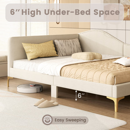 Full/Twin Size Upholstered Daybed with Metal Legs and Wood Slats-Full Size, Beige Simple Bed Frame at Gallery Canada