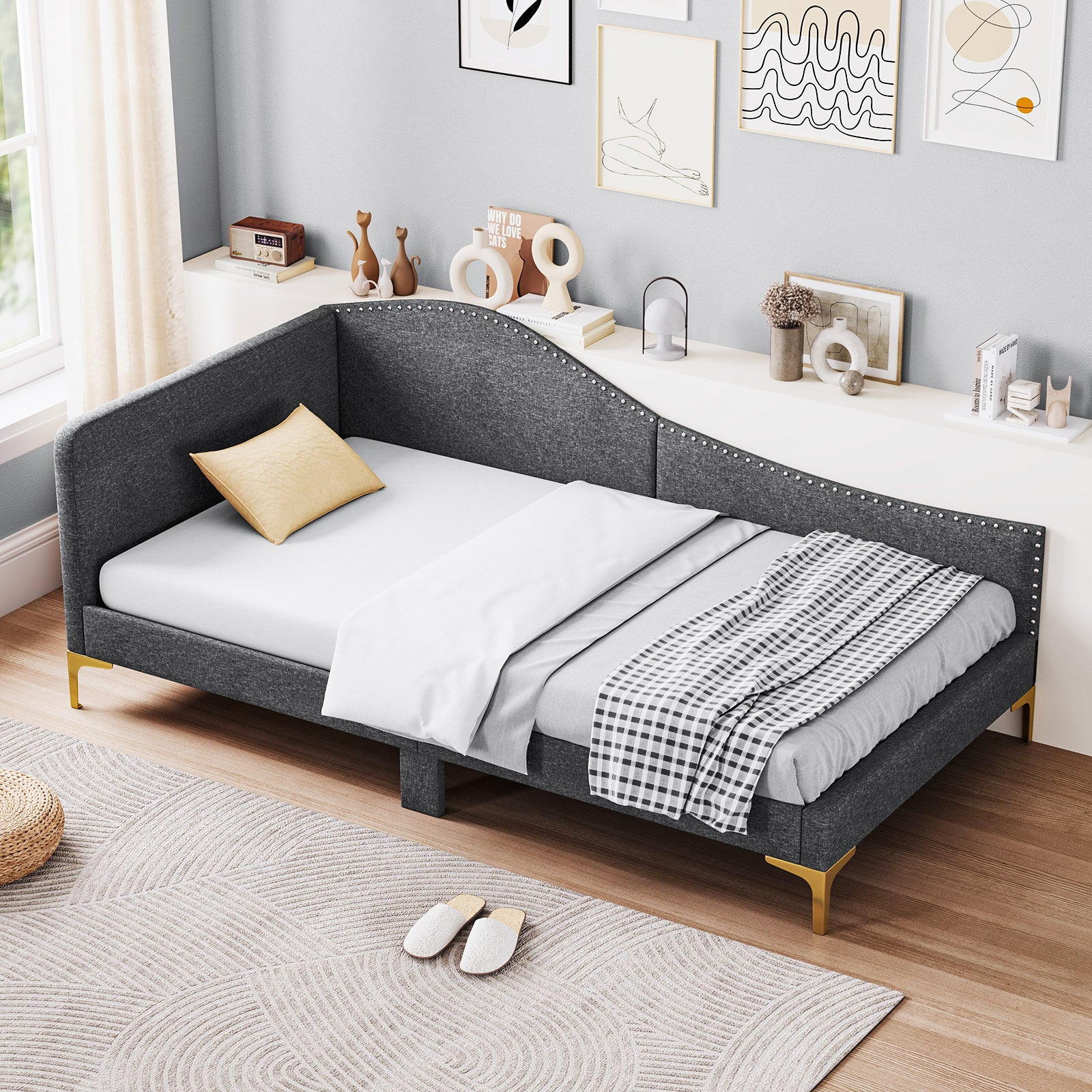 Full/Twin Size Rivet-Tufted Platform Bed with Metal Legs and Wood Slats-Twin Size, Gray Simple Bed Frame at Gallery Canada