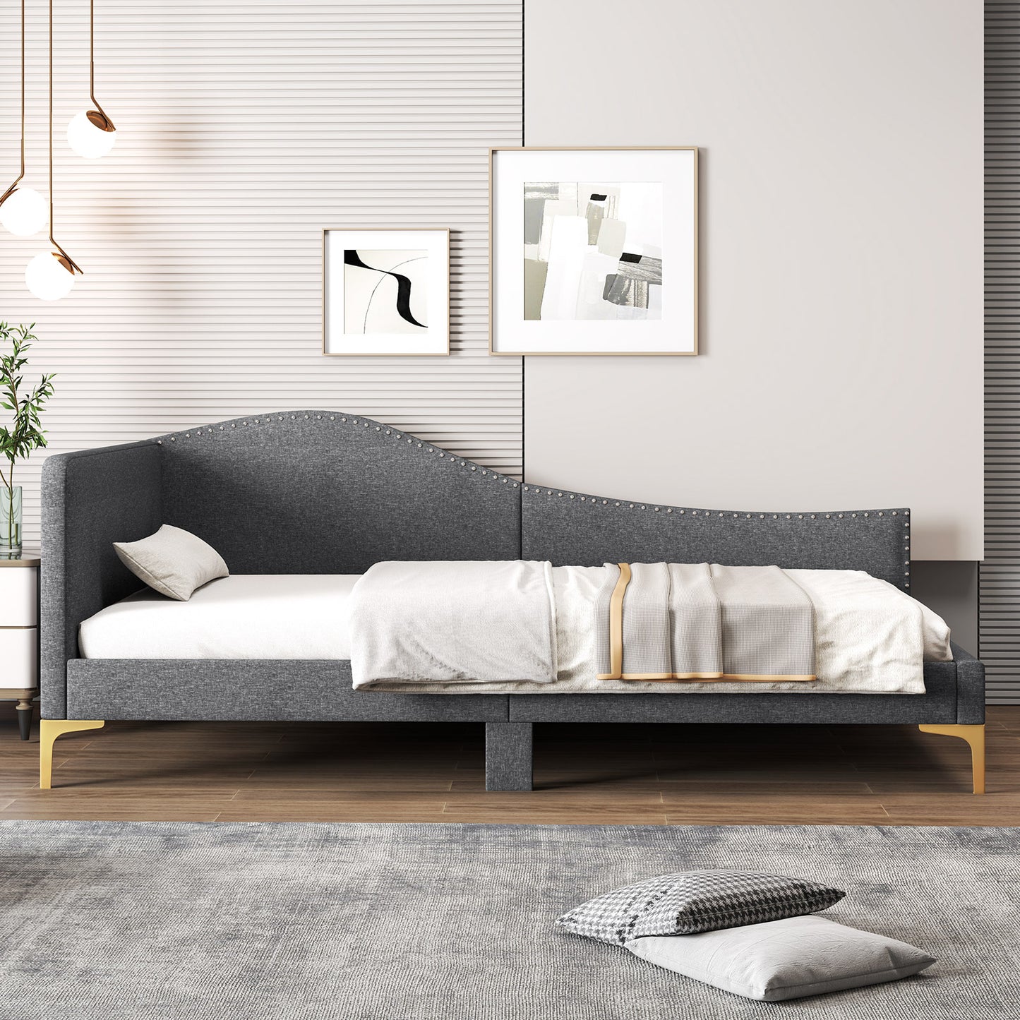 Full/Twin Size Rivet-Tufted Platform Bed with Metal Legs and Wood Slats-Twin Size, Gray Simple Bed Frame at Gallery Canada