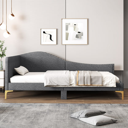 Full/Twin Size Rivet-Tufted Platform Bed with Metal Legs and Wood Slats-Twin Size, Gray Simple Bed Frame at Gallery Canada