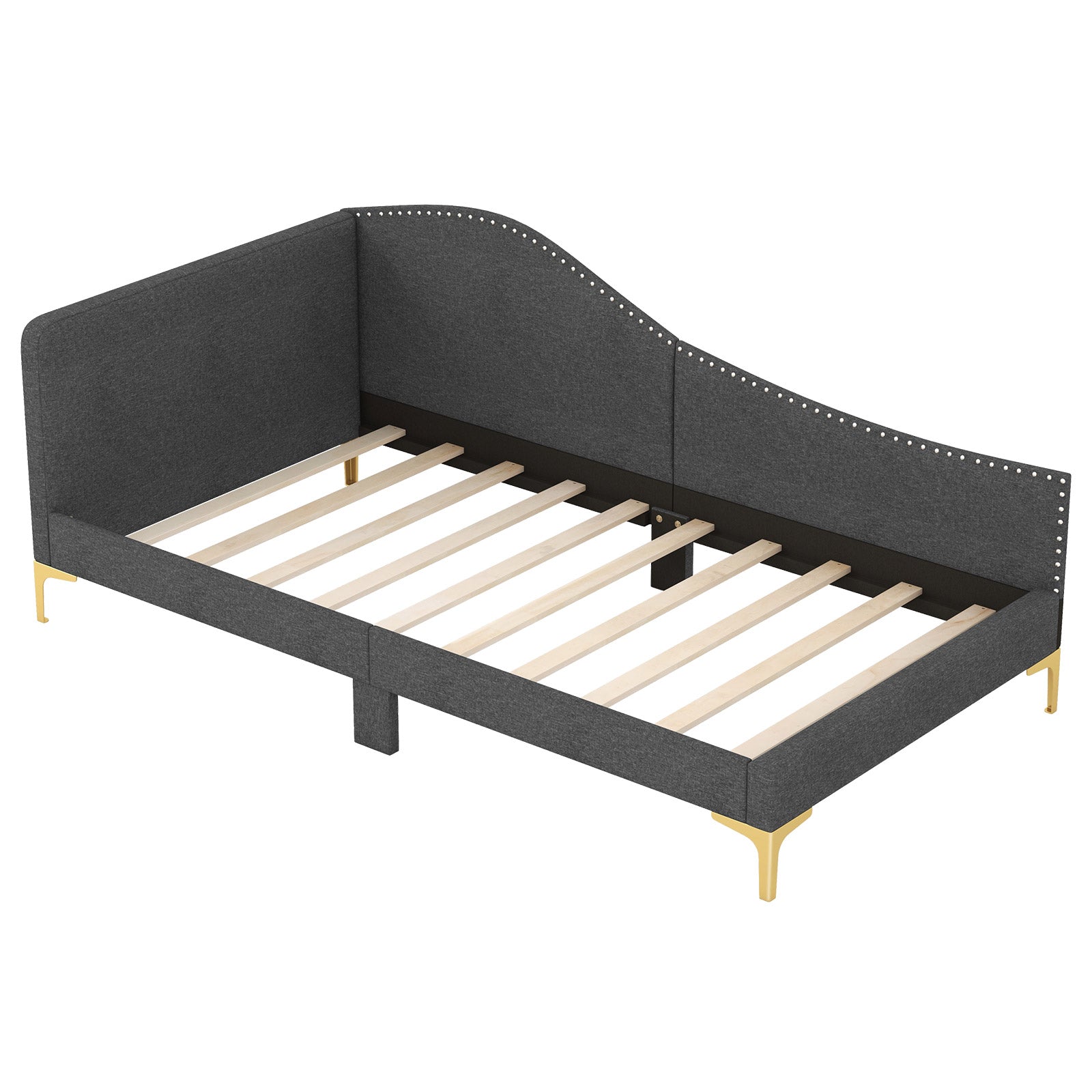 Twin Size Rivet-Tufted Platform Bed, Metal Legs, Wood Slats, Gray Simple Bed Frame at Gallery Canada