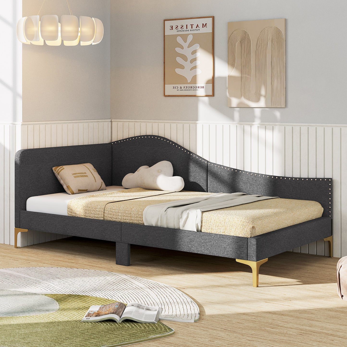 Full/Twin Size Rivet-Tufted Platform Bed with Metal Legs and Wood Slats-Twin Size, Gray Simple Bed Frame at Gallery Canada