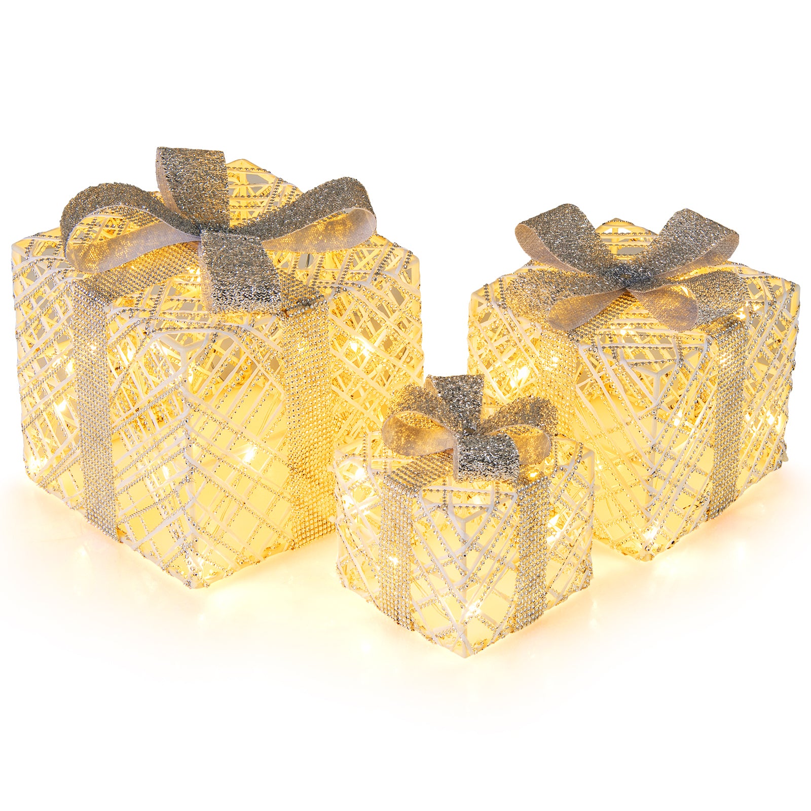 3 Pack Christmas Lighted Gift Box, 50 LED Lights, Detachable Bows, White Christmas Decor & Accessories at Gallery Canada