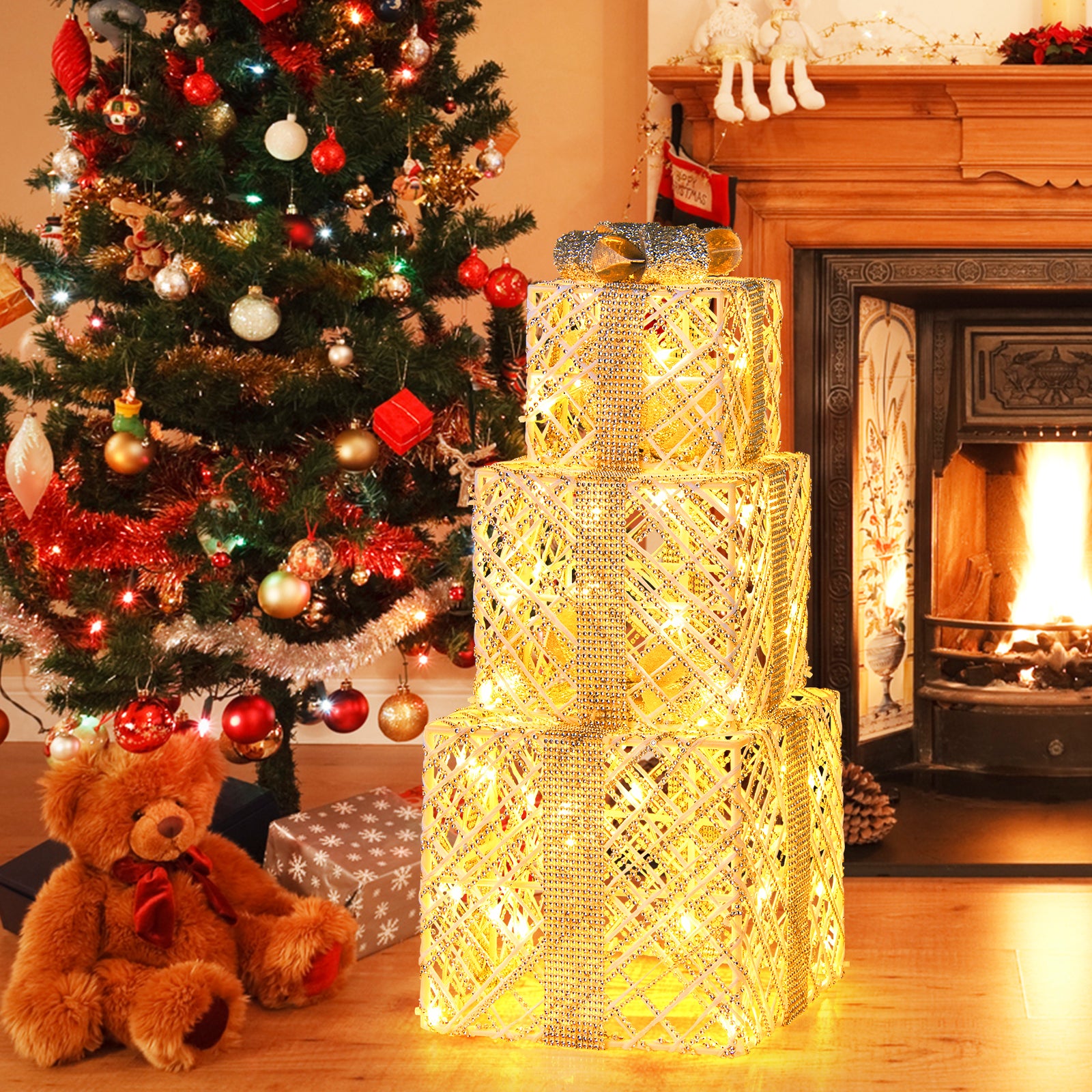 3 Pack Christmas Lighted Gift Box, 50 LED Lights, Detachable Bows, White Christmas Decor & Accessories at Gallery Canada
