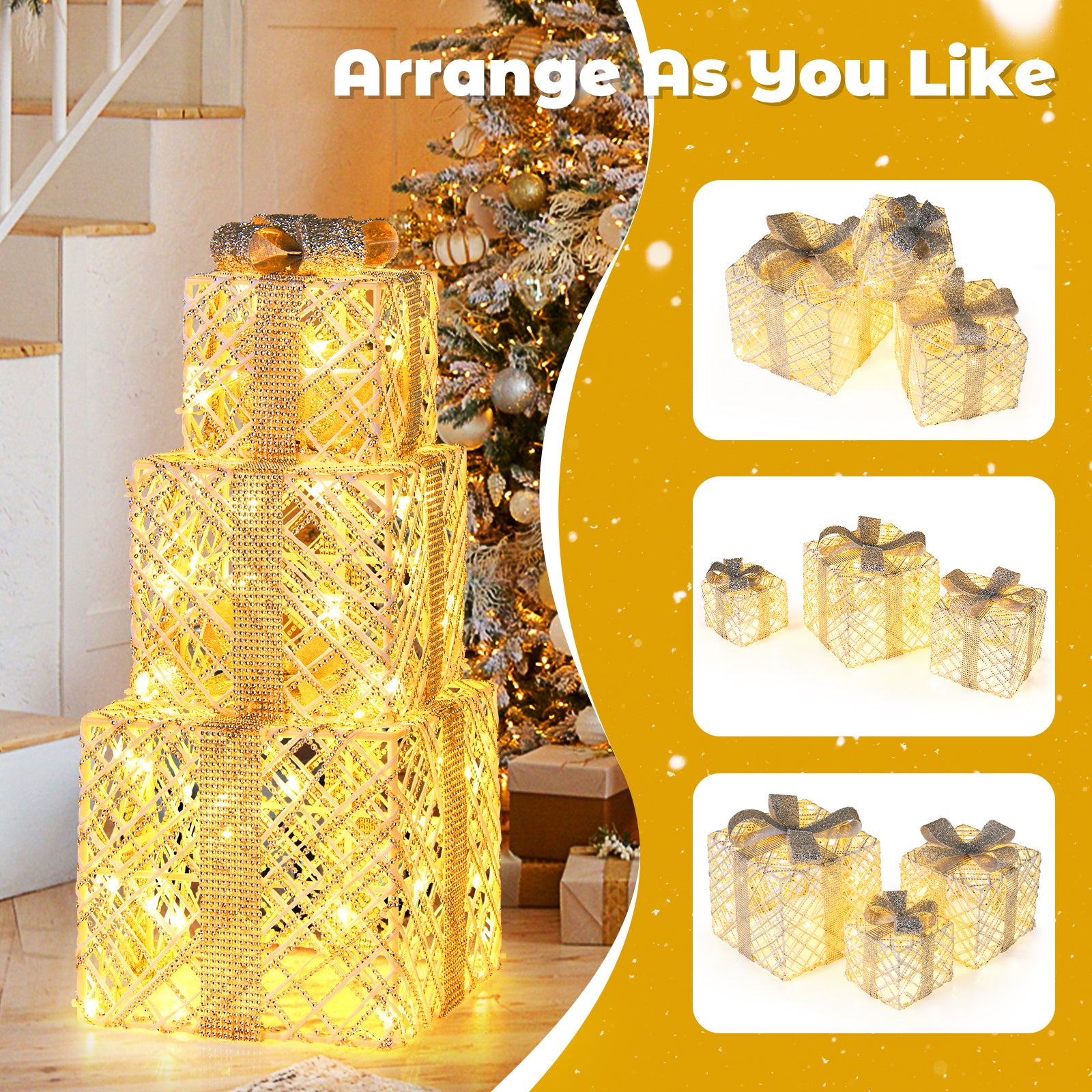 3 Pack Christmas Lighted Gift Box, 50 LED Lights, Detachable Bows, White Christmas Decor & Accessories at Gallery Canada