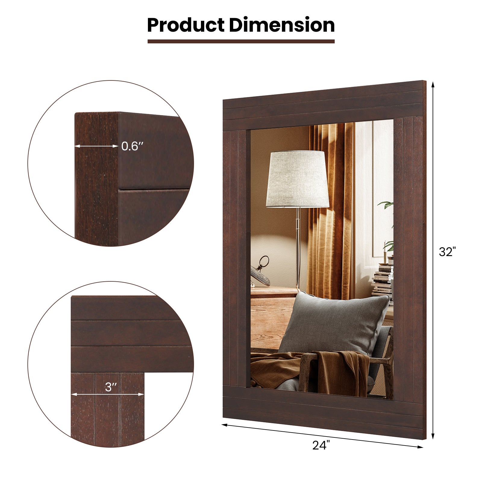Wood Framed Wall Mirror for Bedroom Living Room Vanity Entryway, Brown Wall Mirrors at Gallery Canada