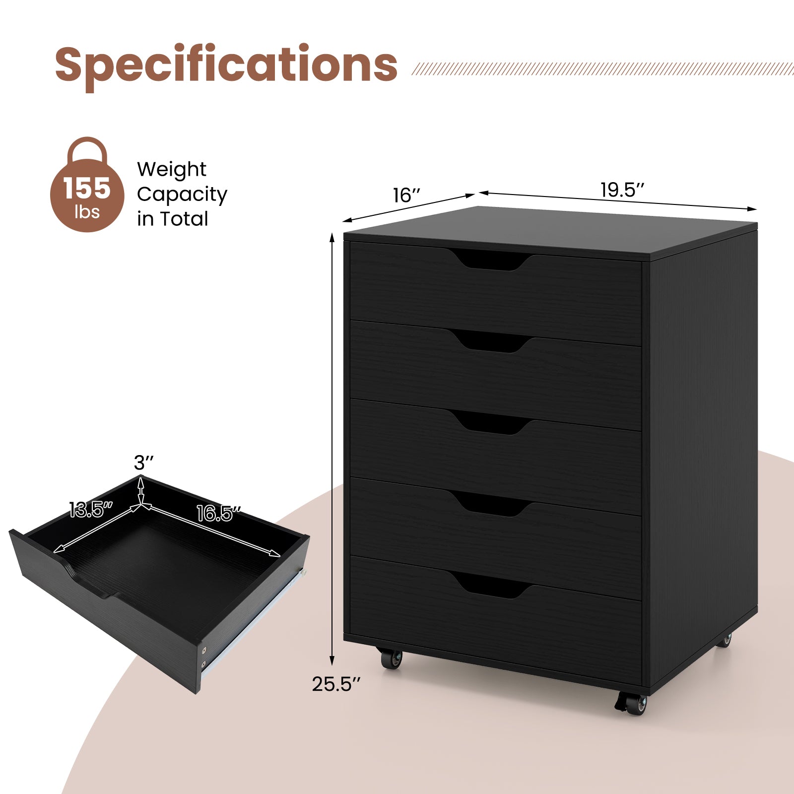 5 Drawer Mobile File Cabinet with Wheels for Living Room, Black File Cabinets at Gallery Canada