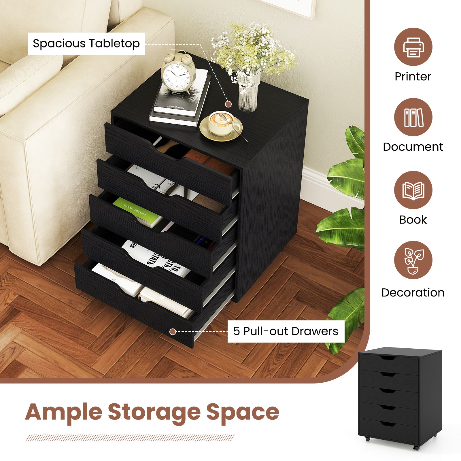 5 Drawer Mobile File Cabinet with Wheels for Living Room, Black File Cabinets at Gallery Canada