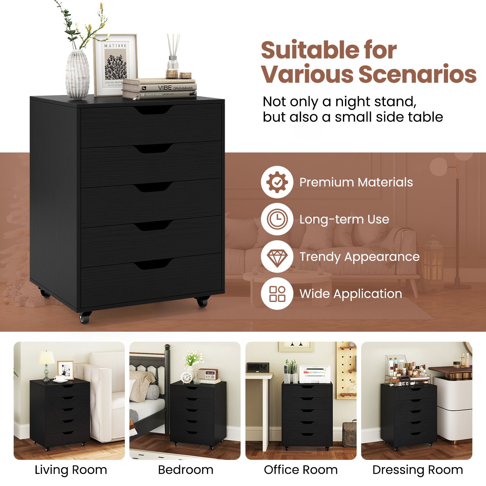 5 Drawer Mobile File Cabinet with Wheels for Living Room, Black File Cabinets at Gallery Canada