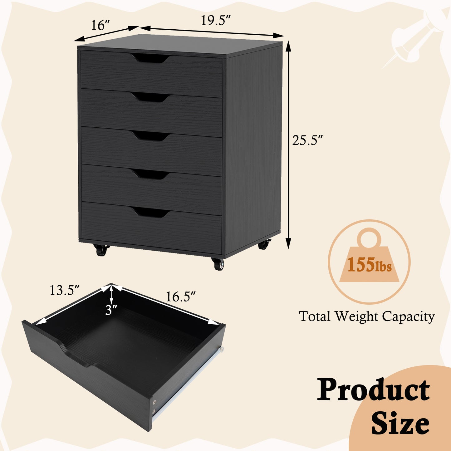 5 Drawer Mobile File Cabinet with Wheels for Living Room, Black File Cabinets at Gallery Canada