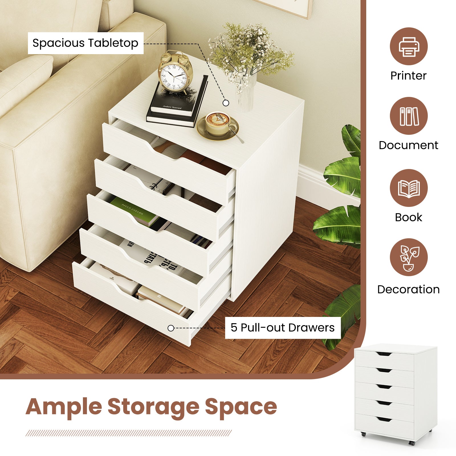 5 Drawer Mobile File Cabinet with Wheels for Living Room, White File Cabinets at Gallery Canada