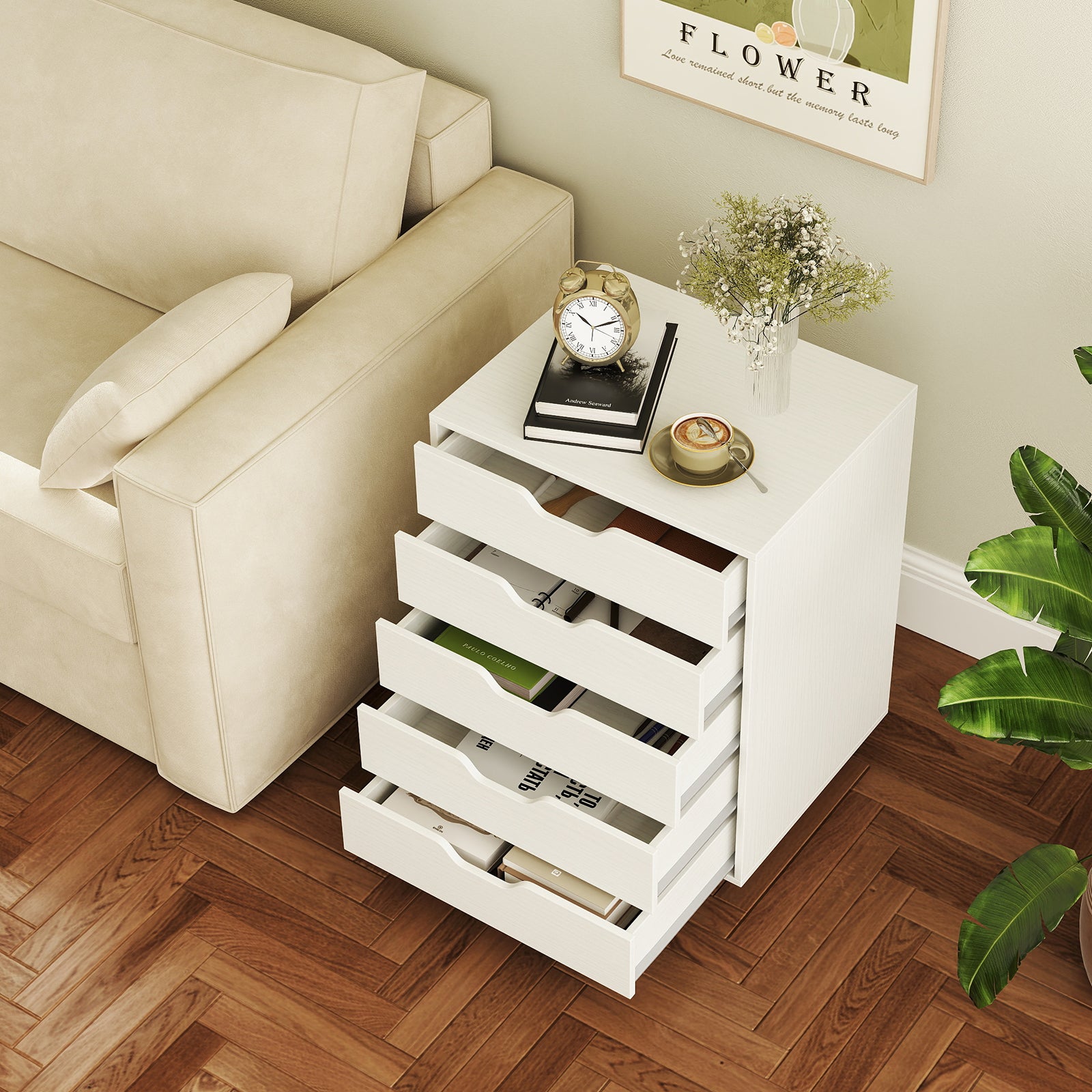 5 Drawer Mobile File Cabinet with Wheels for Living Room, White File Cabinets at Gallery Canada