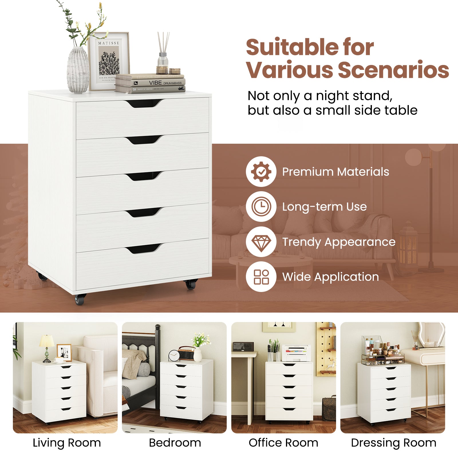 5 Drawer Mobile File Cabinet with Wheels for Living Room, White File Cabinets at Gallery Canada