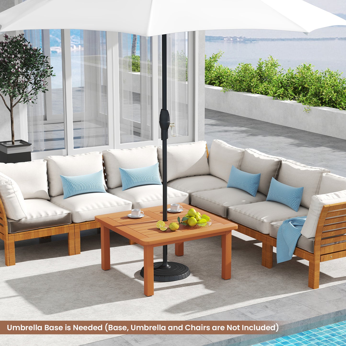 Patio Coffee Table with Umbrella Hole and Teak Oil Finish, Natural Patio Coffee Tables at Gallery Canada