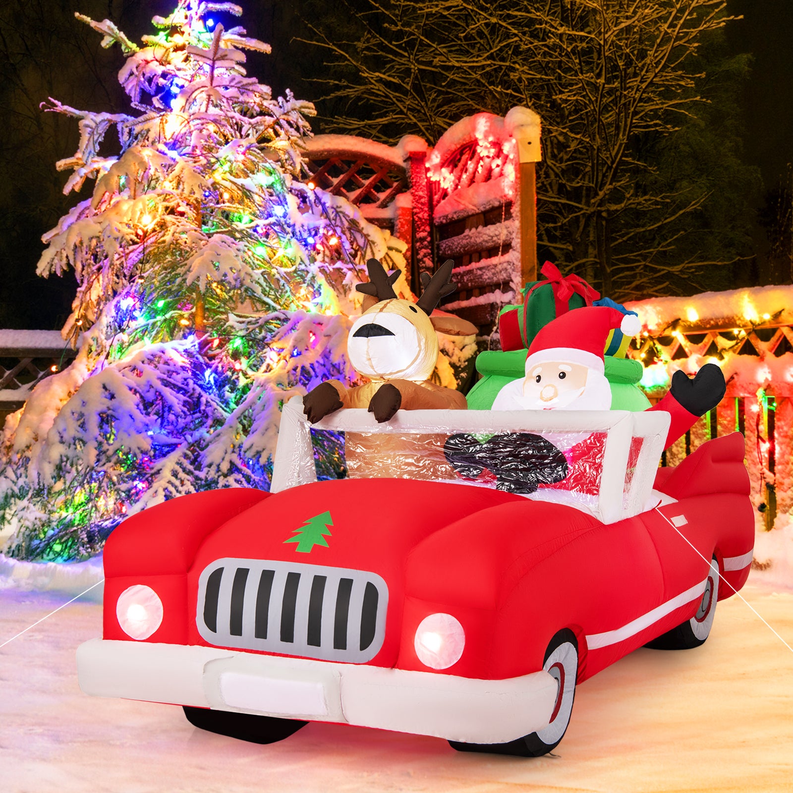 7.7 Feet Inflatable Santa Claus, Reindeer Riding Car, Gift Bag, 9 LED Lights, Red Christmas Decor & Accessories at Gallery Canada
