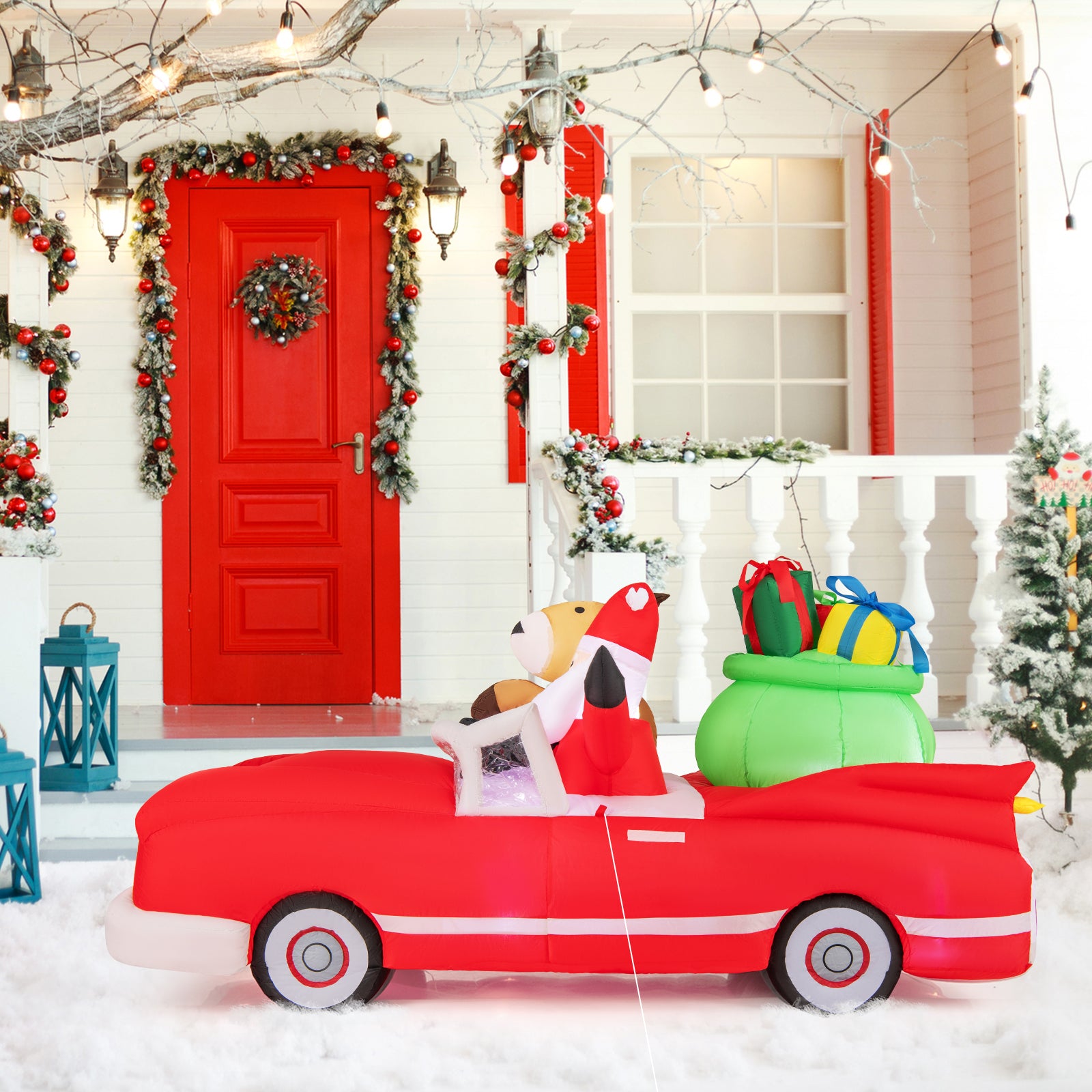 7.7 Feet Inflatable Santa Claus, Reindeer Riding Car, Gift Bag, 9 LED Lights, Red Christmas Decor & Accessories at Gallery Canada