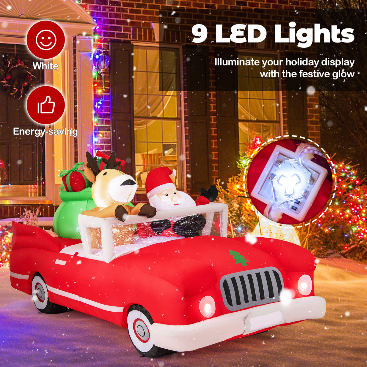 7.7 Feet Inflatable Santa Claus, Reindeer Riding Car, Gift Bag, 9 LED Lights, Red Christmas Decor & Accessories at Gallery Canada