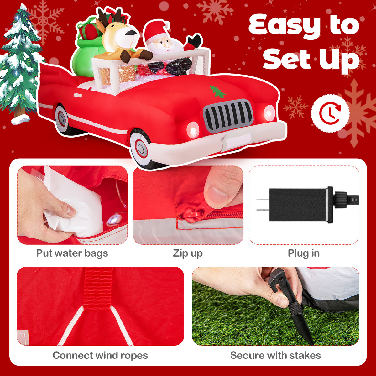 7.7 Feet Inflatable Santa Claus, Reindeer Riding Car, Gift Bag, 9 LED Lights, Red Christmas Decor & Accessories at Gallery Canada