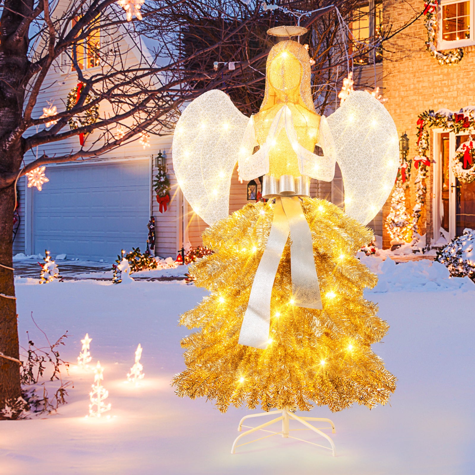 5.2 Feet Lighted Angel Artificial Christmas Tree with Warm White LED Lights, Gold Christmas Tree at Gallery Canada