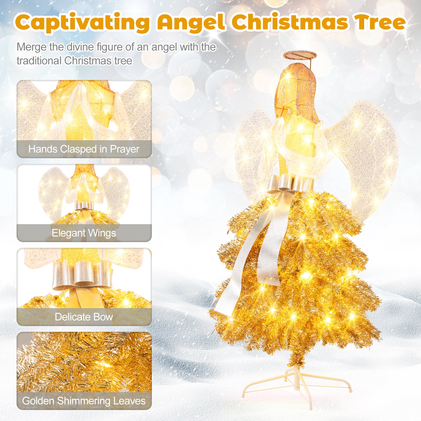 5.2 Feet Lighted Angel Artificial Christmas Tree with Warm White LED Lights, Gold Christmas Tree at Gallery Canada