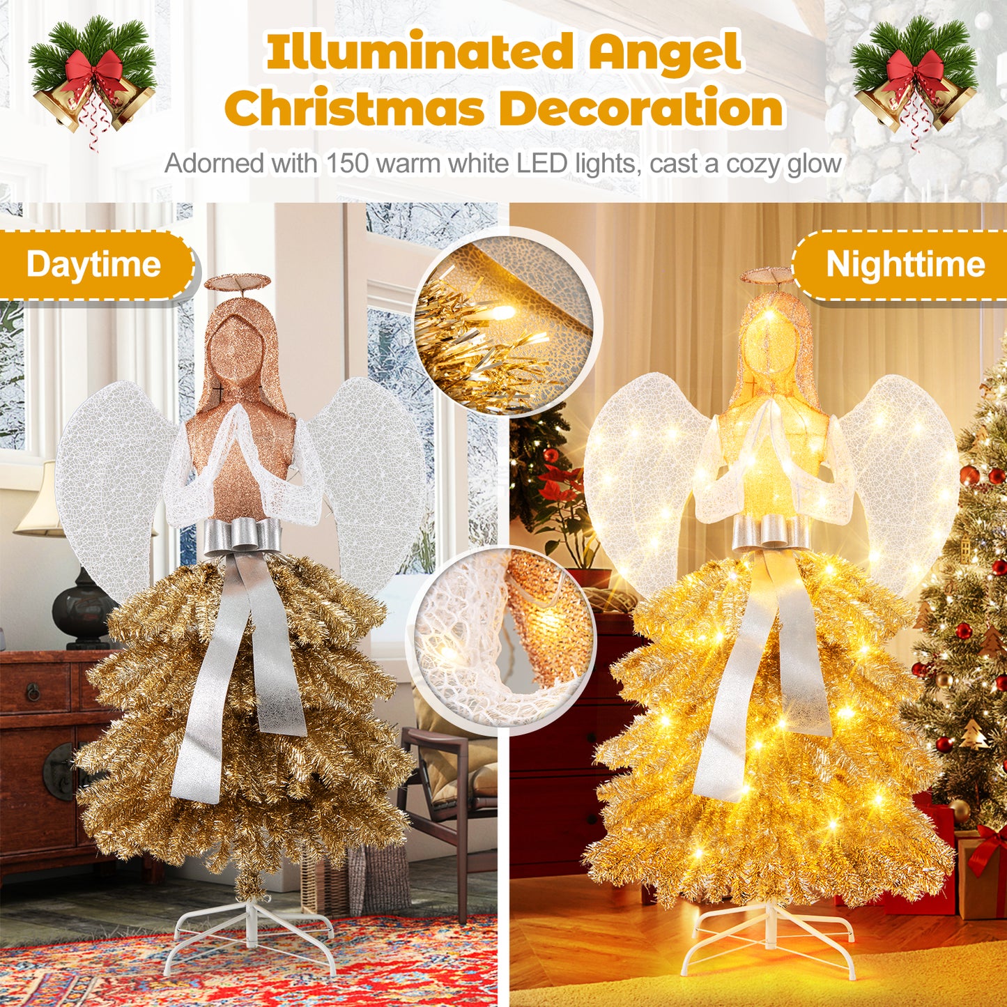 5.2 Feet Lighted Angel Artificial Christmas Tree with Warm White LED Lights, Gold Christmas Tree at Gallery Canada