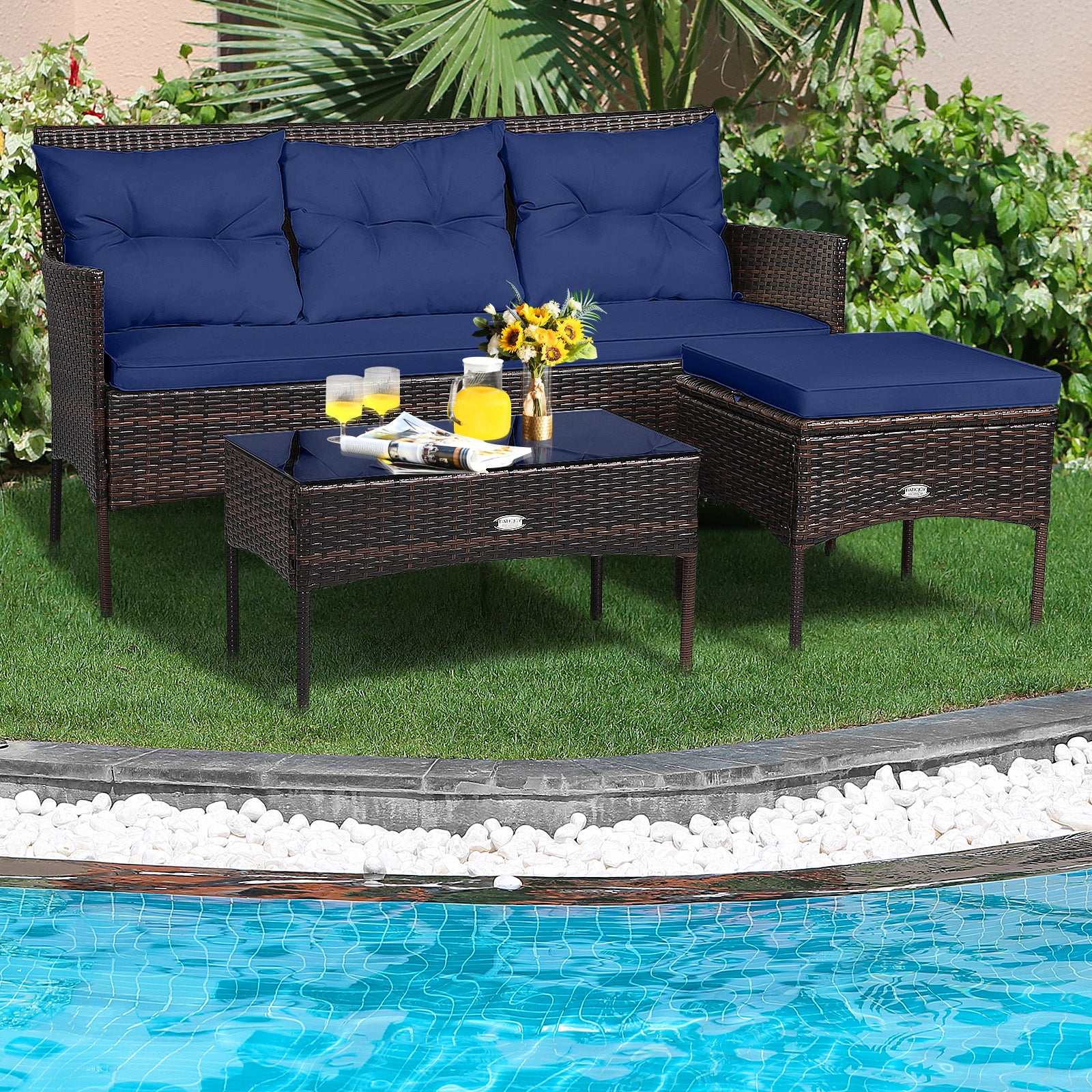3 Pieces Patio Furniture Sectional Set with 5 Cozy Cushions, Navy Patio Conversation Sets at Gallery Canada