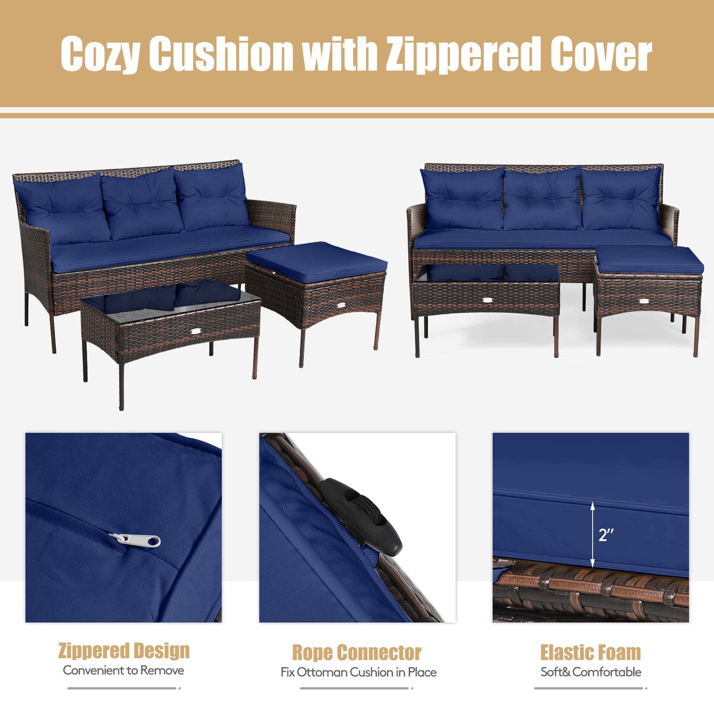 3 Pieces Patio Furniture Sectional Set with 5 Cozy Cushions, Navy Patio Conversation Sets at Gallery Canada