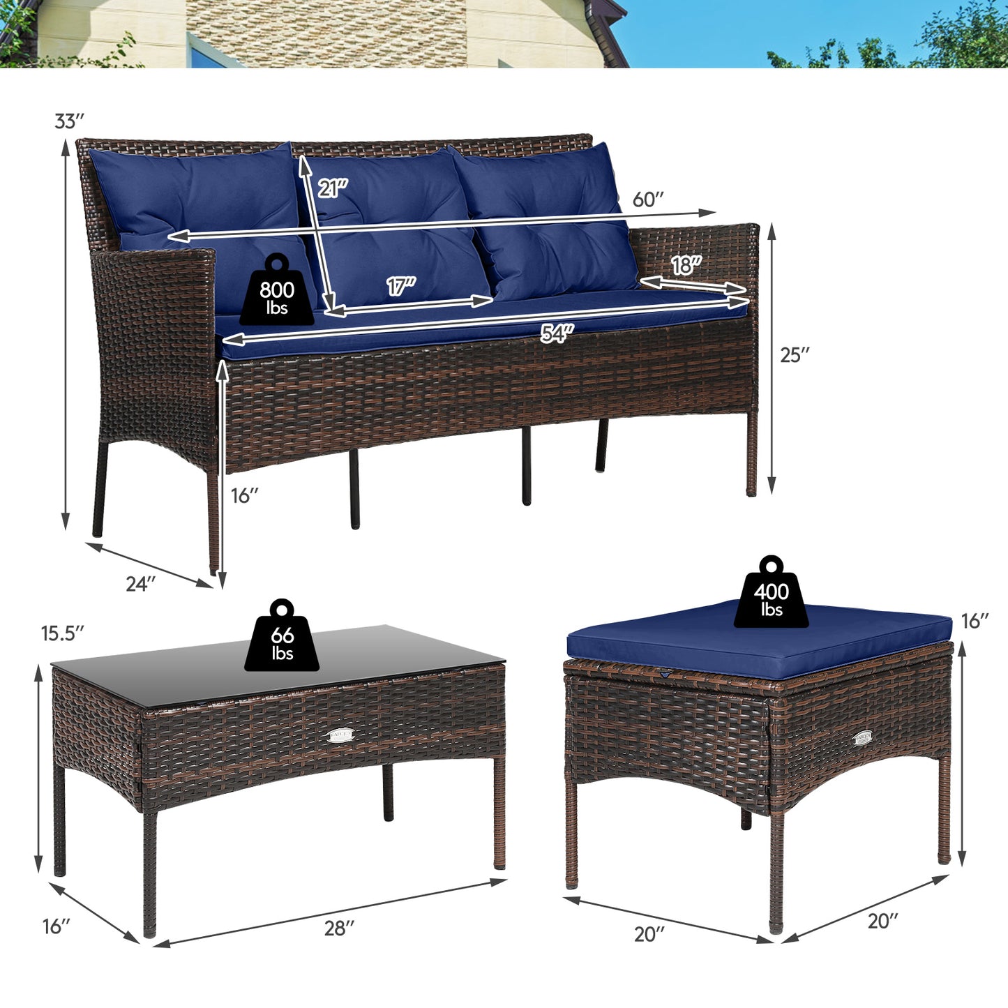 3 Pieces Patio Furniture Sectional Set with 5 Cozy Cushions, Navy Patio Conversation Sets at Gallery Canada