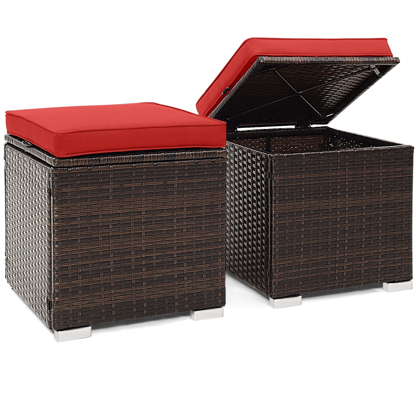 Patio Ottoman With Removable Cushions, 2 Pieces, Red