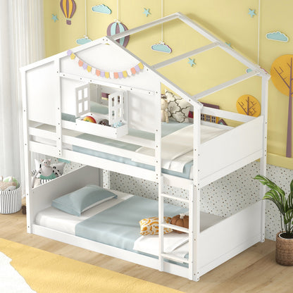 Twin Over Twin Bunk Bed for Kids with Roof and Lockable Window, White Toddler Beds at Gallery Canada