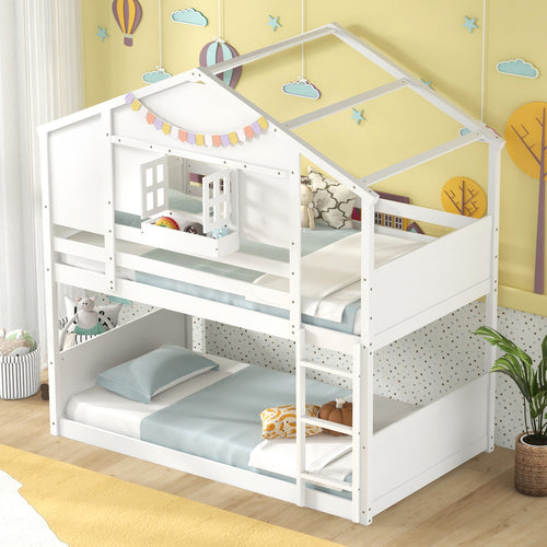 Twin Over Twin Bunk Bed for Kids with Roof and Lockable Window, White